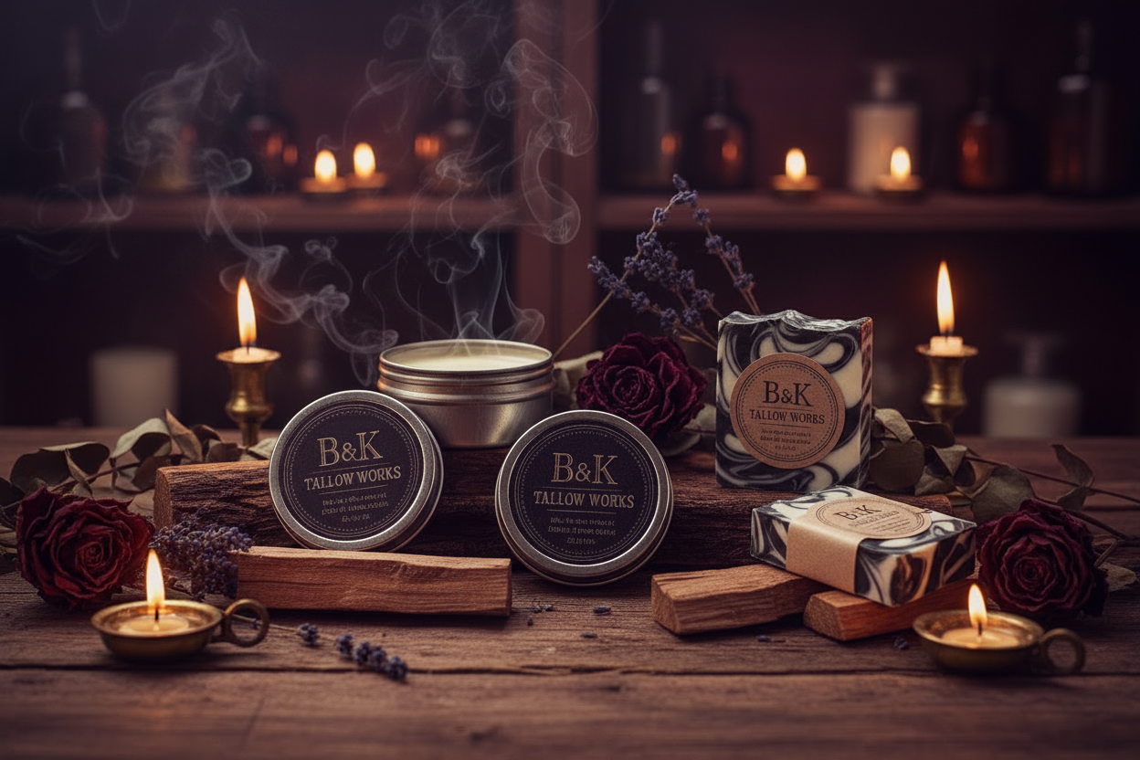B&K Tallow Works Hero Banner with Black & White Swirl Soap